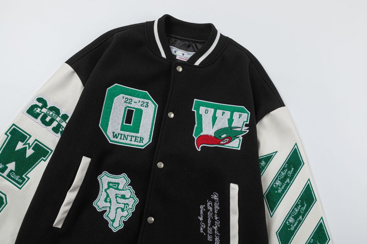 OFF WHITE Embroidered Patches Varsity Jacket – Black