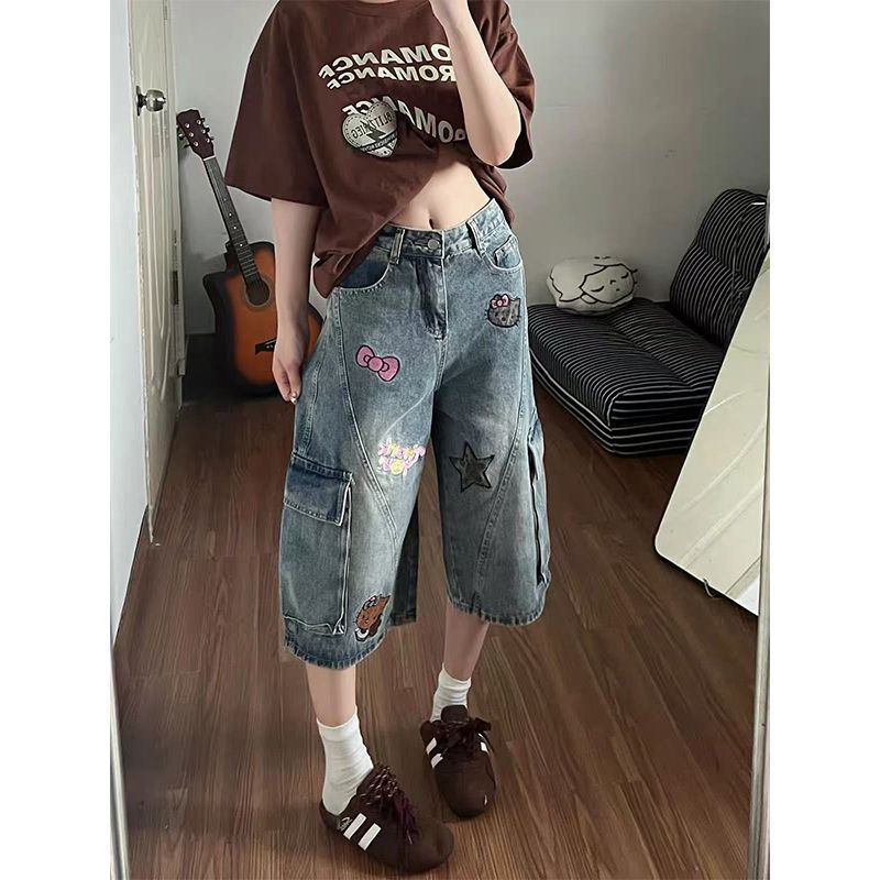 Kitty Patchwork Cargo Capri Denim Shorts Multi Pocket Baggy Wide Leg